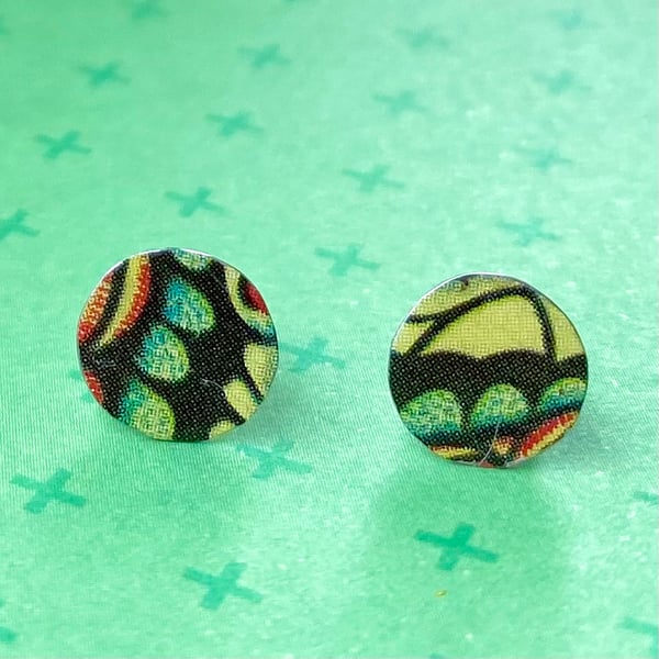 Recycled vintage tin yellow & black butterfly wing circle studs