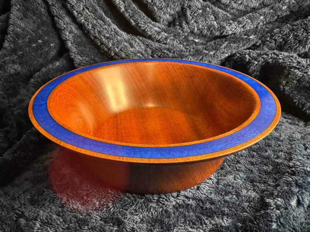 Hand-Turned Utile Wood Bowl with Dark Blue Sparkly Rim Inlay