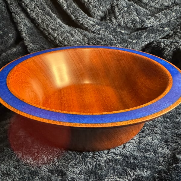 Hand-Turned Utile Wood Bowl with Dark Blue Sparkly Rim Inlay