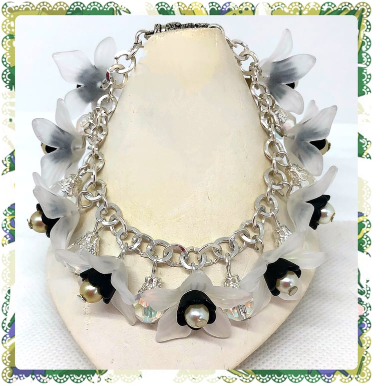 SALE OOAK Black and White Floral bracelet 