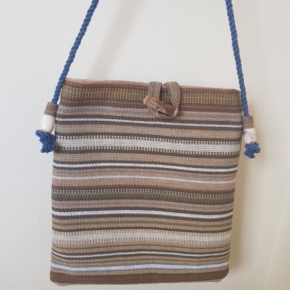 Crossbody bag: cotton and jute with driftwood toggle, light brown woven stripes 
