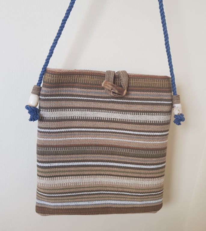 Crossbody bag: cotton and jute with driftwood toggle, light brown woven stripes 