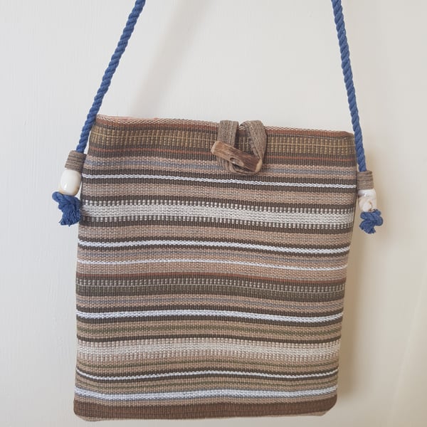 Crossbody bag: cotton and jute with driftwood toggle, light brown woven stripes 