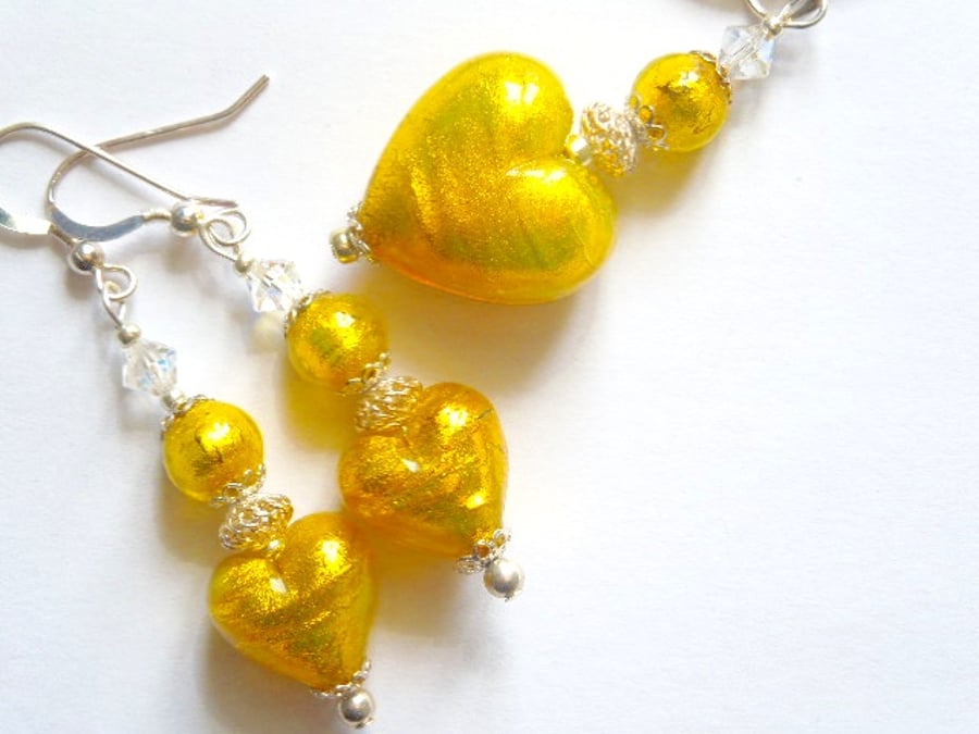 Murano glass gold pendant and earring set with Swarovski crystal.