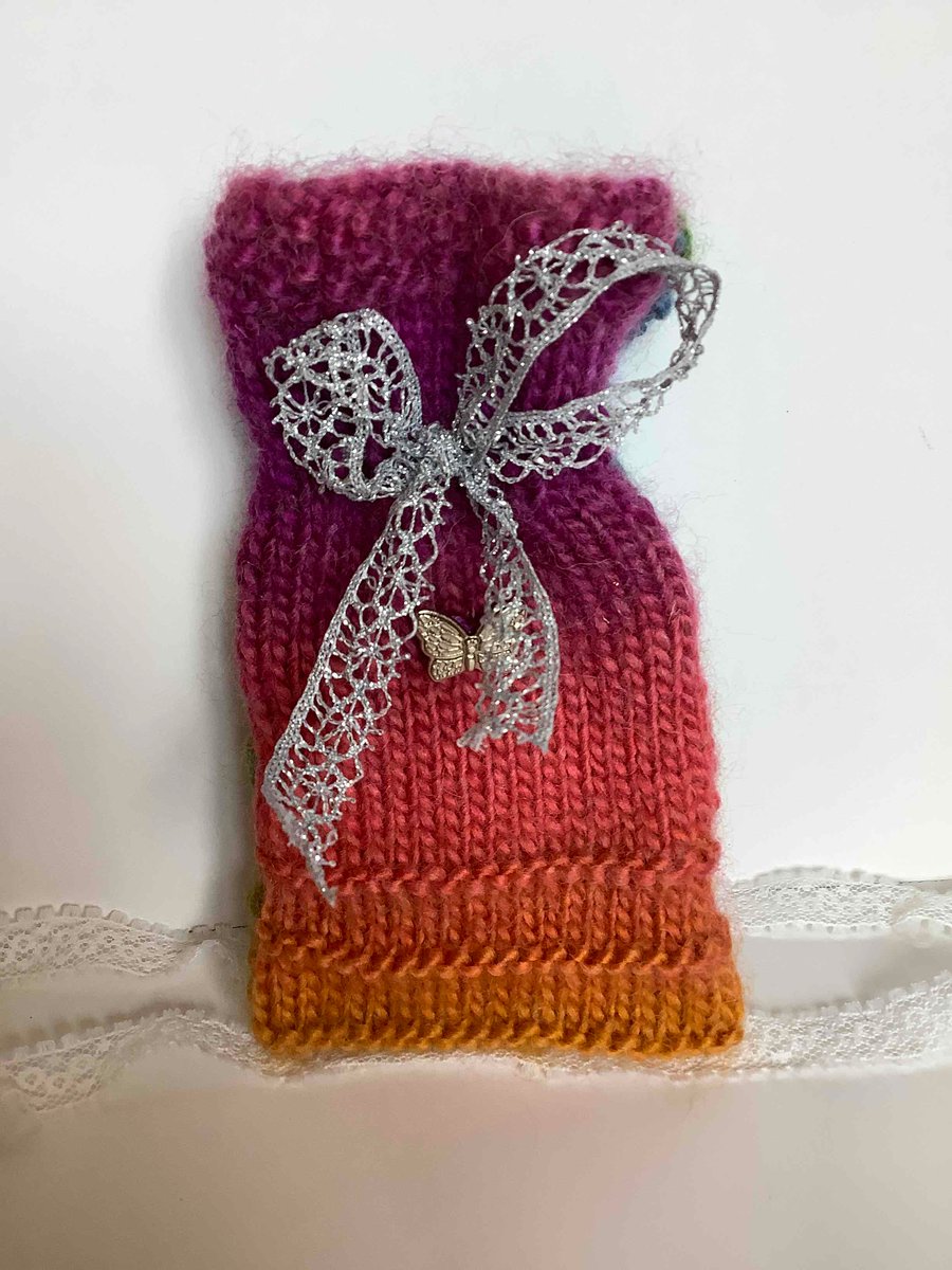 Unique knitted gift bag with silver butterfly