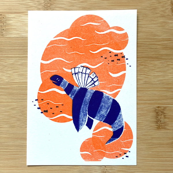 Plesiosaur Fairy - A6 risograph print in Blue and Orange 