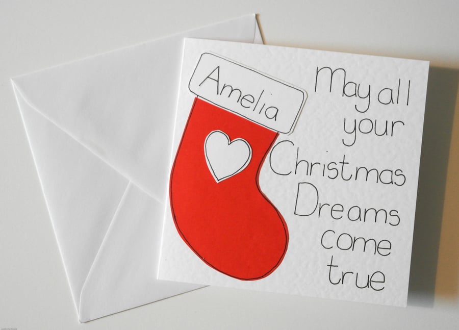 Christmas personalised stocking card, handmade greeting card