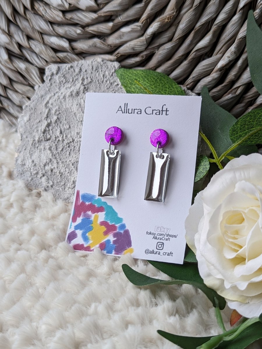 Purple Foil Leave & Silver Acrylic Earrings