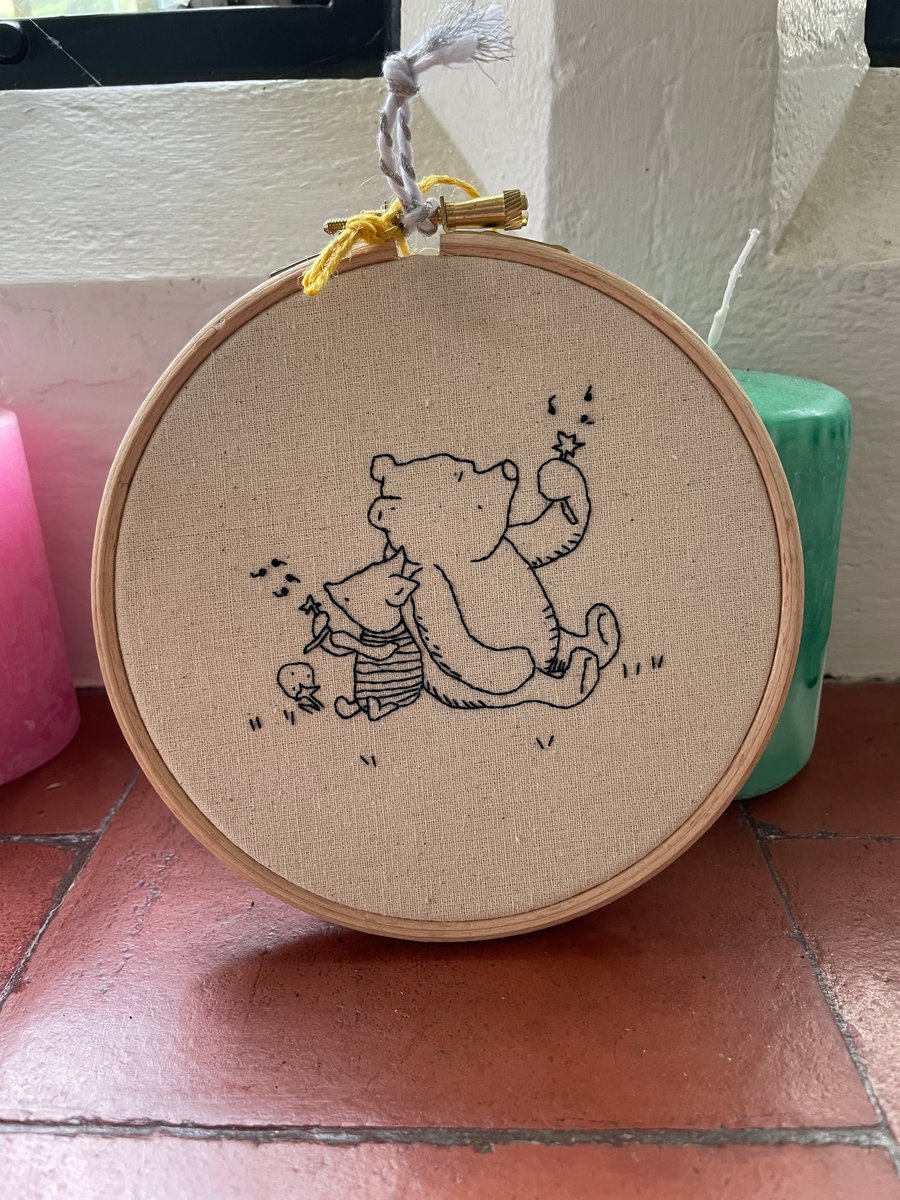 Made to order hand embroidery Pooh bear and piglet wall hanging