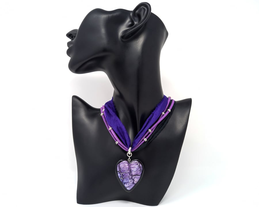 SALE silk scarf necklace in iridescent purple with chunky heart pendant