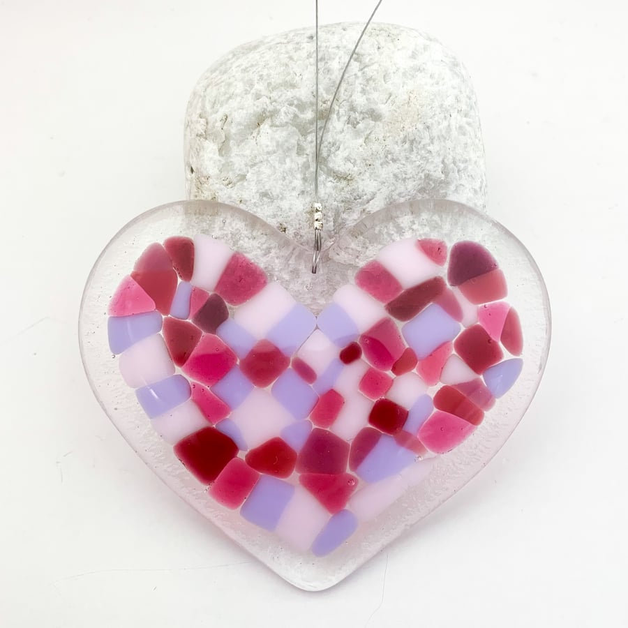 Perfectly Imperfect - Fused Glass Heart Hanging (Pinks) 