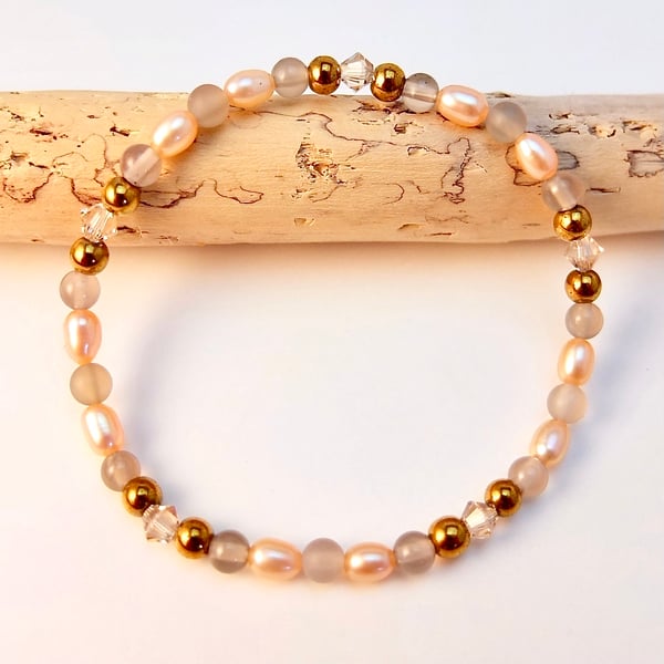 Freshwater Pearl And Grey Agate Bracelet - Handmade In Devon, Free UK Delivery.