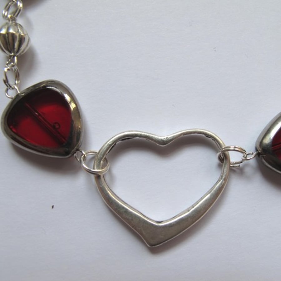 Red glass and silver bracelet and matching earings
