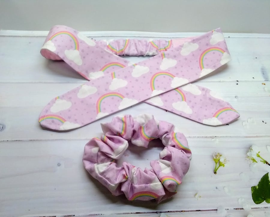 Rainbow headband and Rainbow cotton scrunchie
