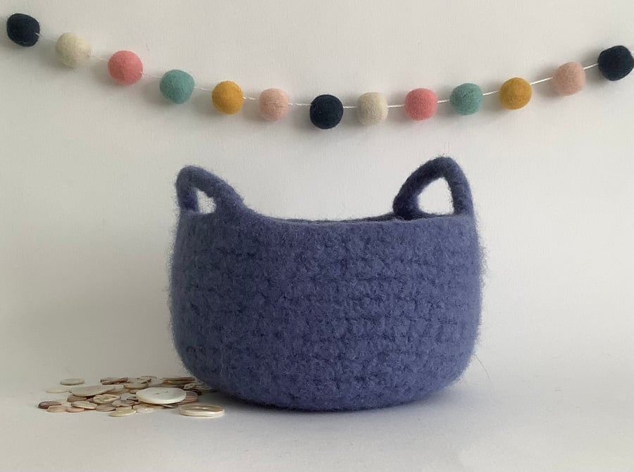 FELTED 'FUSSPOT' BOWL, desk tidy. Denim blue (with handles ) .