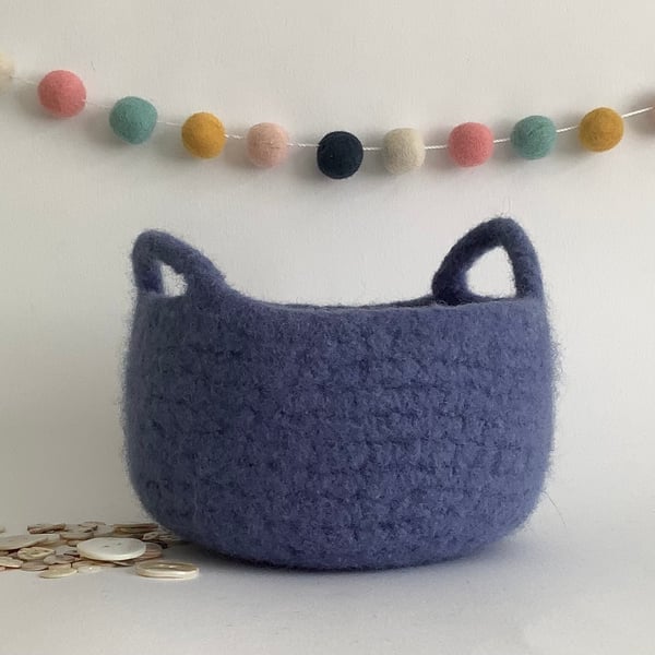 FELTED 'FUSSPOT' BOWL, desk tidy. Denim blue (with handles ) .