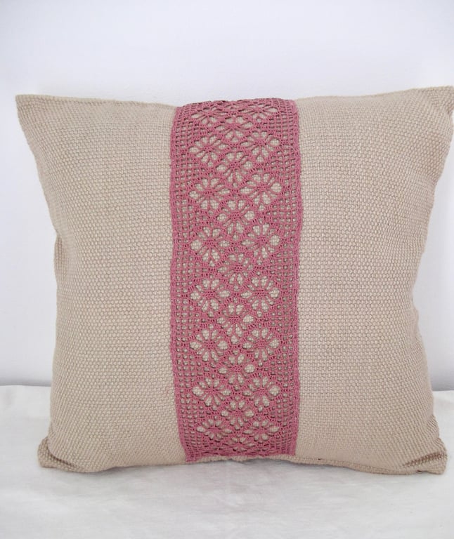 Dusky Rose Crochet Floral Band Cushion Cover Brown Textured Fabric  
