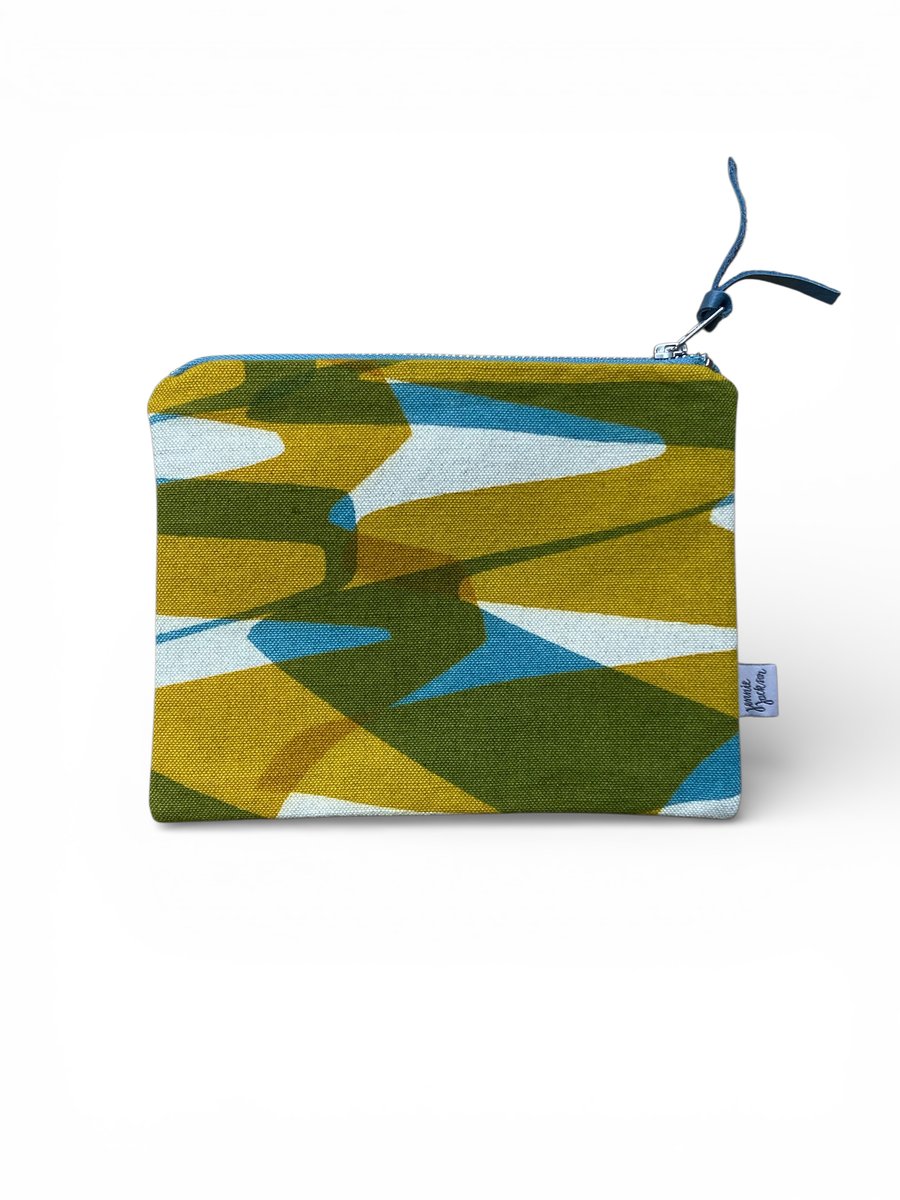 SECONDS SALE - Hand printed zip pouch - Ochre, Teal blue.