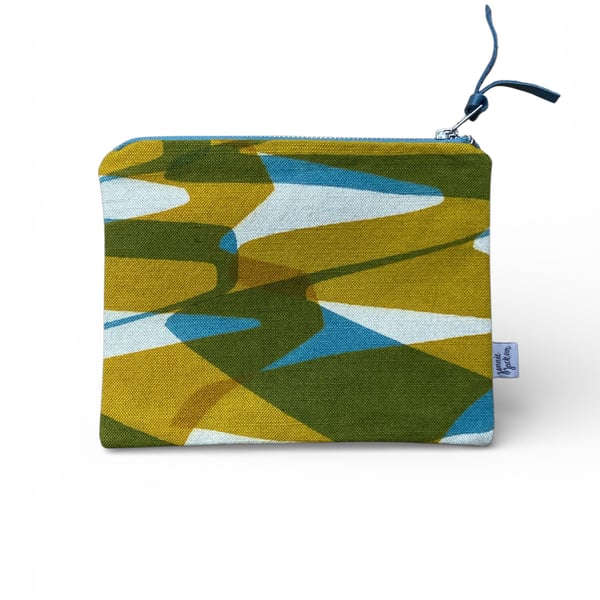 SECONDS SALE - Hand printed zip pouch - Ochre, Teal blue.