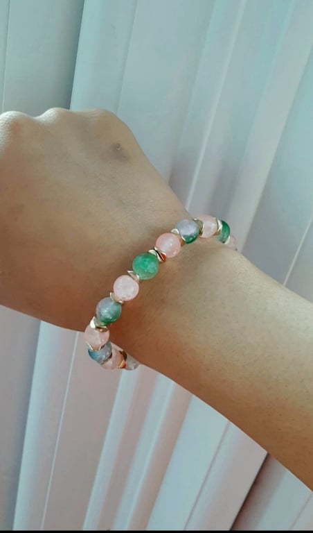 Green and Pink Beaded Bracelet  Gold-Tone Spacers – Adjustable Handmade Bracelet