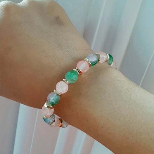 Green and Pink Beaded Bracelet  Gold-Tone Spacers – Adjustable Handmade Bracelet