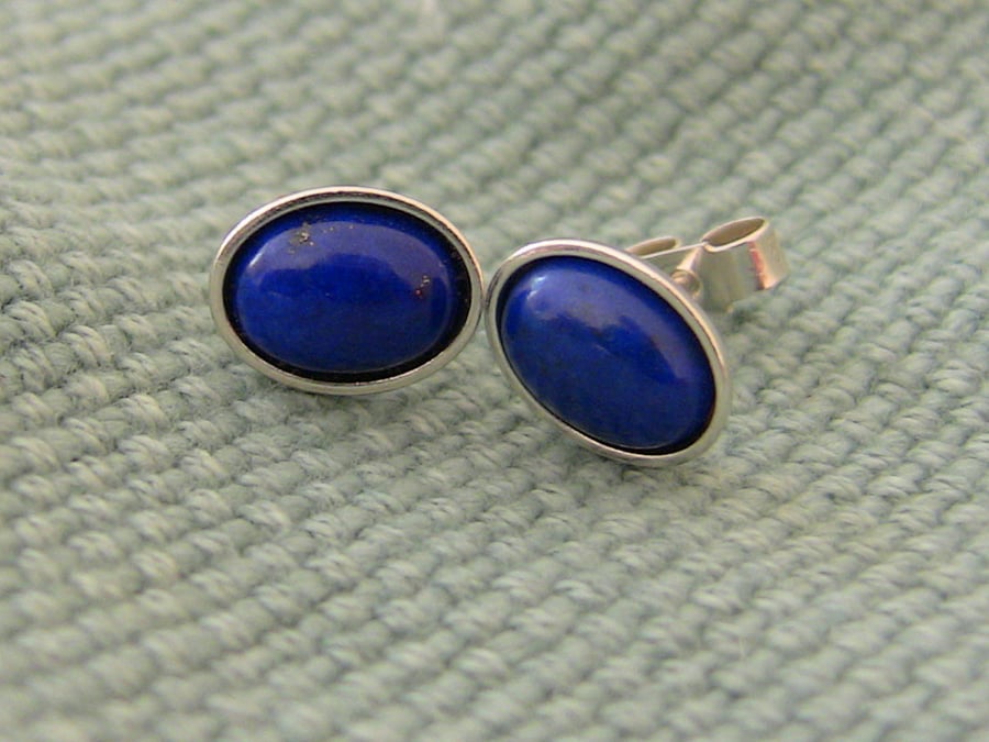 Sterling Silver and Lapis Lazuli Oval Stud Earrings