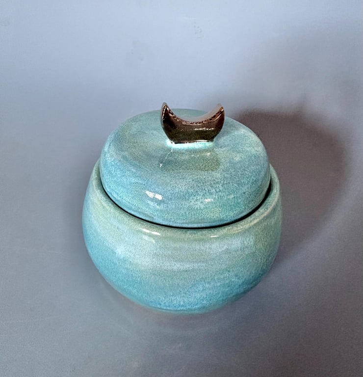 Handmade Ceramic Trinket Jar: Blue Lidded Jewelry Box with Platinum Moon