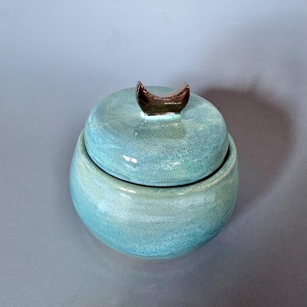 Handmade Ceramic Trinket Jar: Blue Lidded Jewelry Box with Platinum Moon