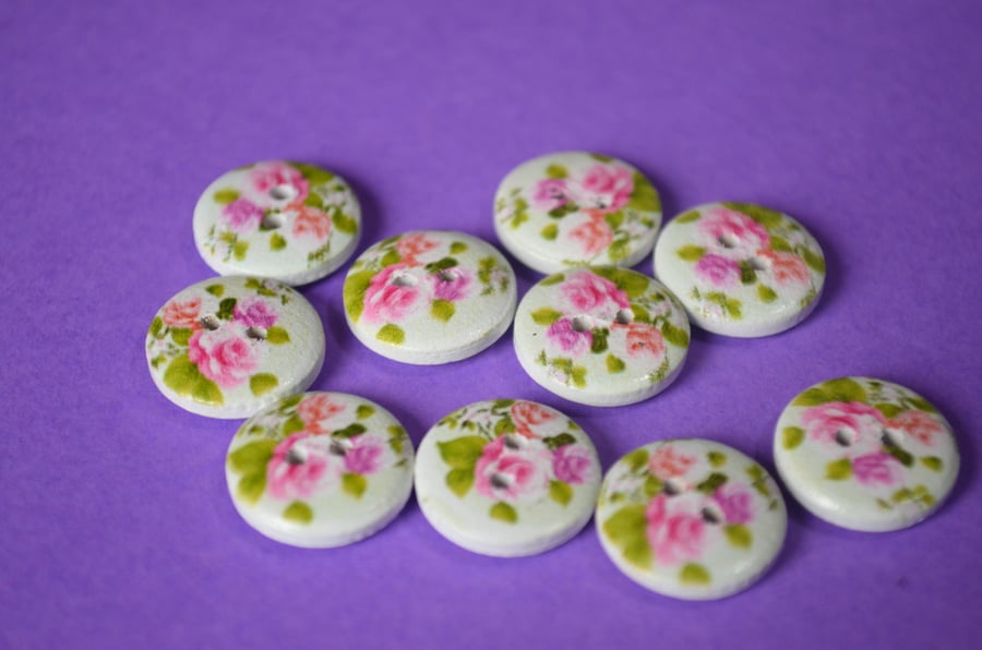 15mm Wooden Floral Buttons Cute Pink Roses Green Leaves 10pk Flowers (SF36)