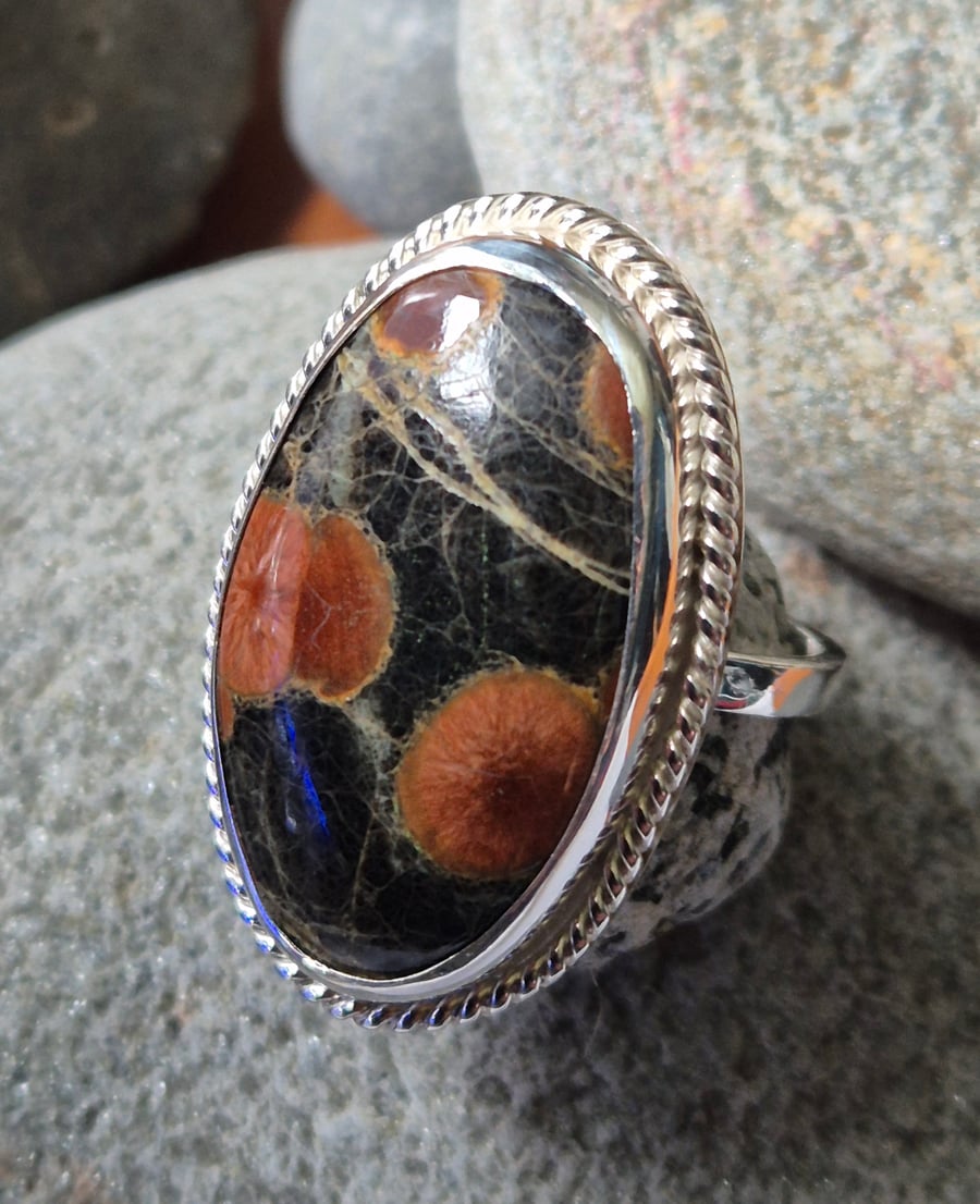 Image of Sterling silver ring with peanut obsidian stone