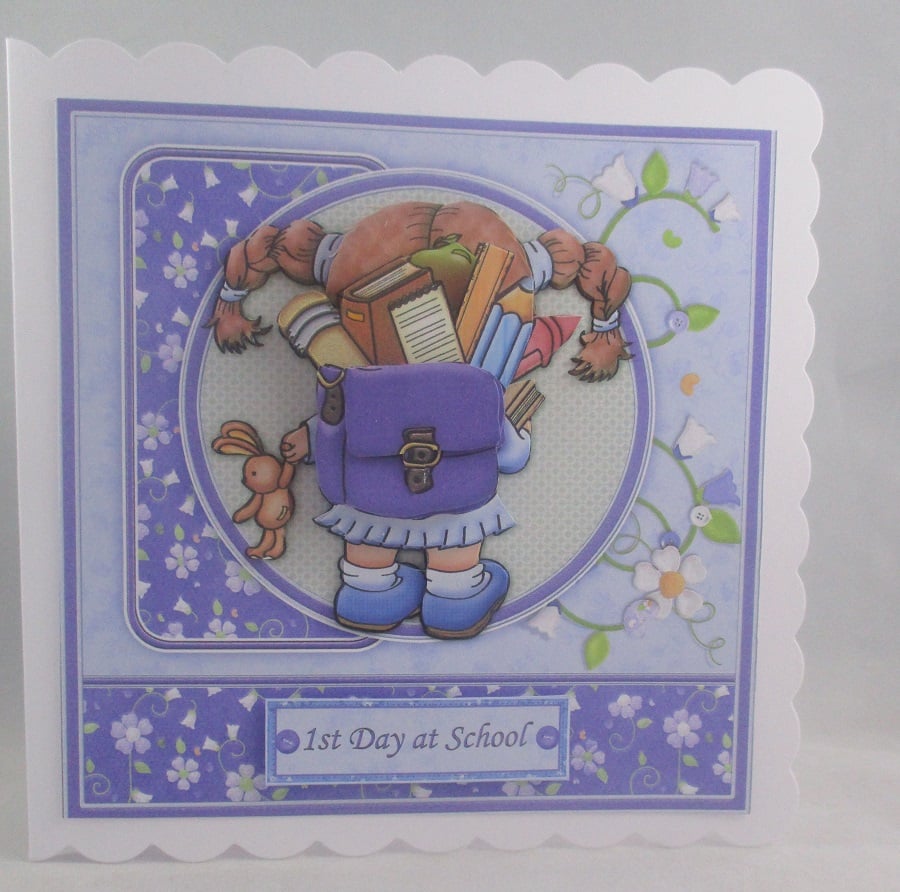 First Day at school, Nursery Girl Greeting Card,Personalise,3D,Decoupage