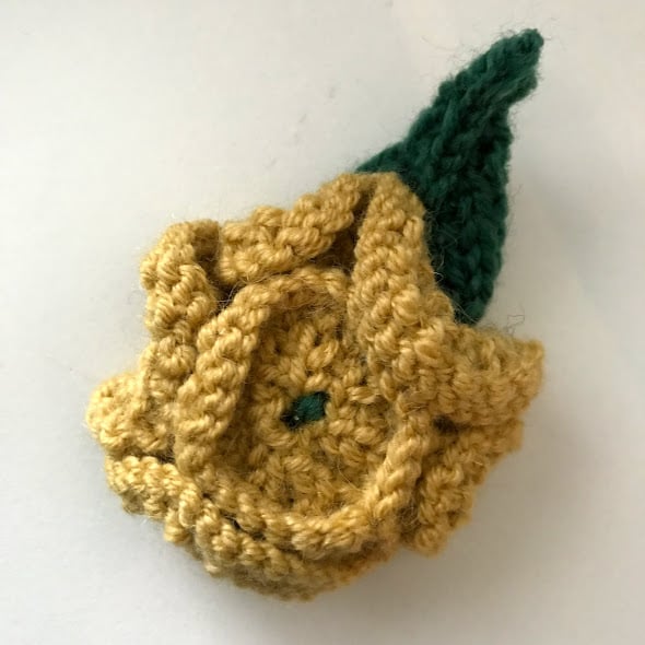 Hand knitted rose flower brooch pin - Yellow ochre