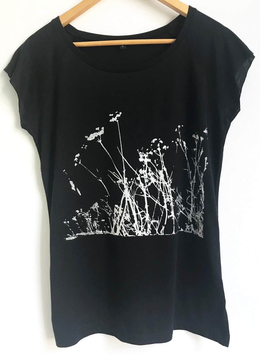 Wild Meadow Womens Bamboo and organic cotton black ethical T shirt silver print