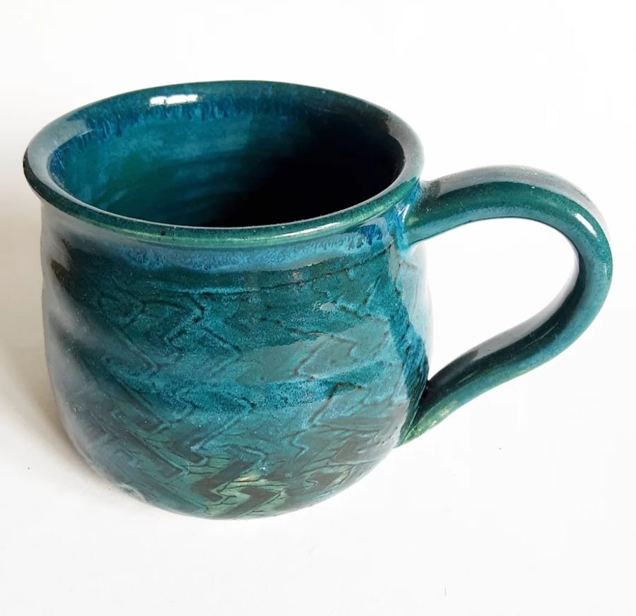 Dark Turquoise Patterned Glazed Mug - Hand Thrown Stoneware Ceramic Mug 