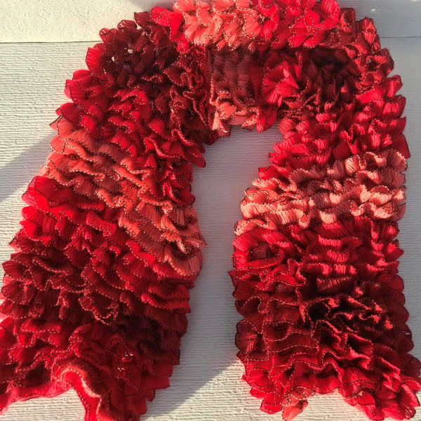 Frilly and Cosy Scarf - Hand Knitted - Red Mix