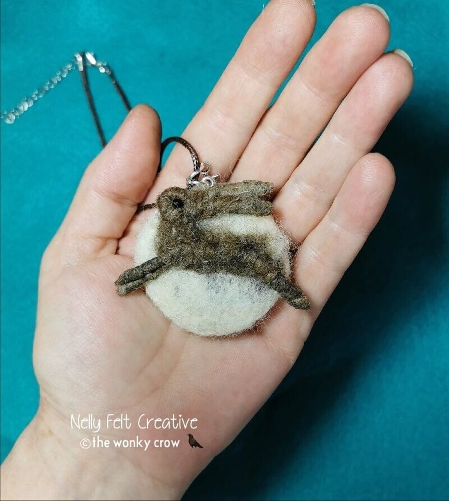 Needle felted Leaping Hare Moon pendant by neyeli
