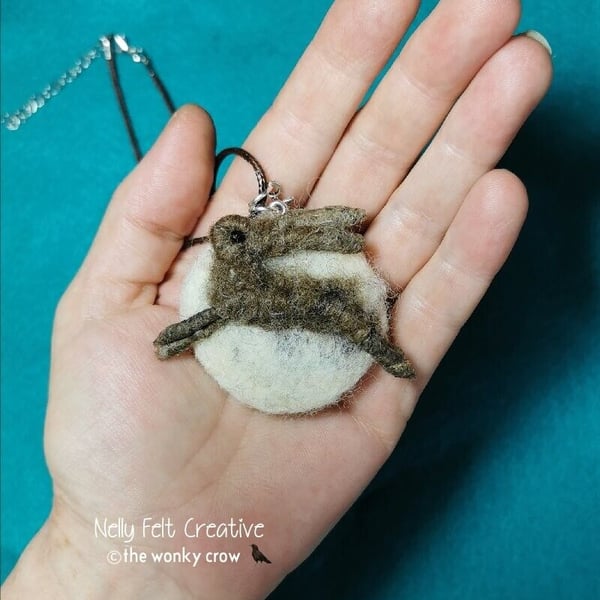 Needle felted Leaping Hare Moon pendant by neyeli