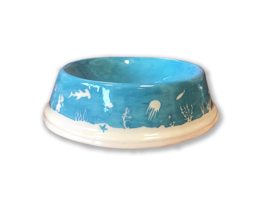 Handpainted Ceramic Dog Bowl: Ocean Scene