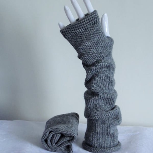 Handmade grey arm warmers, hand warmers, knitted fingerless gloves 