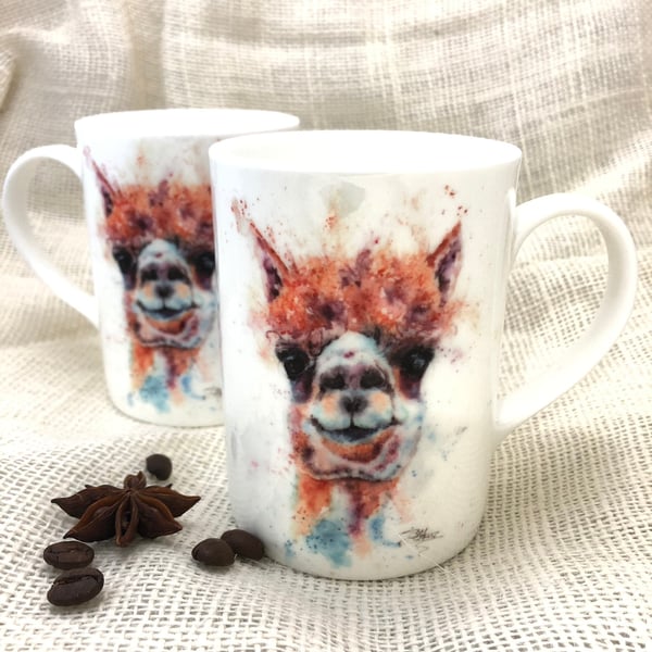 Alpaca 'Penelope' Watercolour Bone China Mug, China Cup, Gift, Wildlife Art Mug 