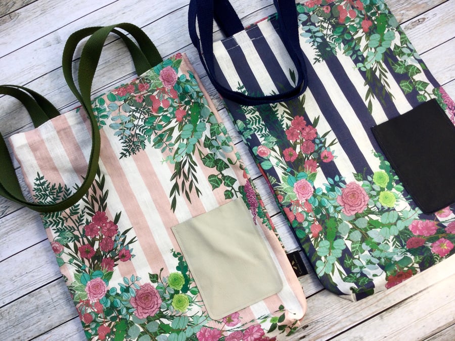 Tote Bag with Pocket, Linen Tote Bag, Striped Tote Bag 