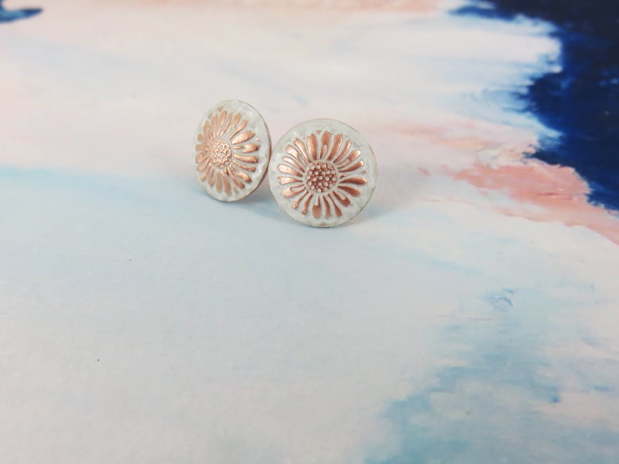 Enamel and Textured Daisy Copper Stud Earrings