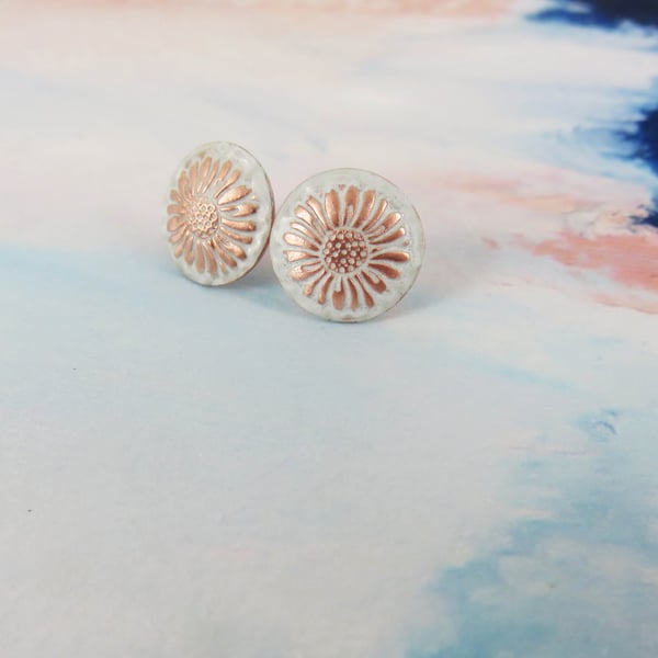 Enamel and Textured Daisy Copper Stud Earrings