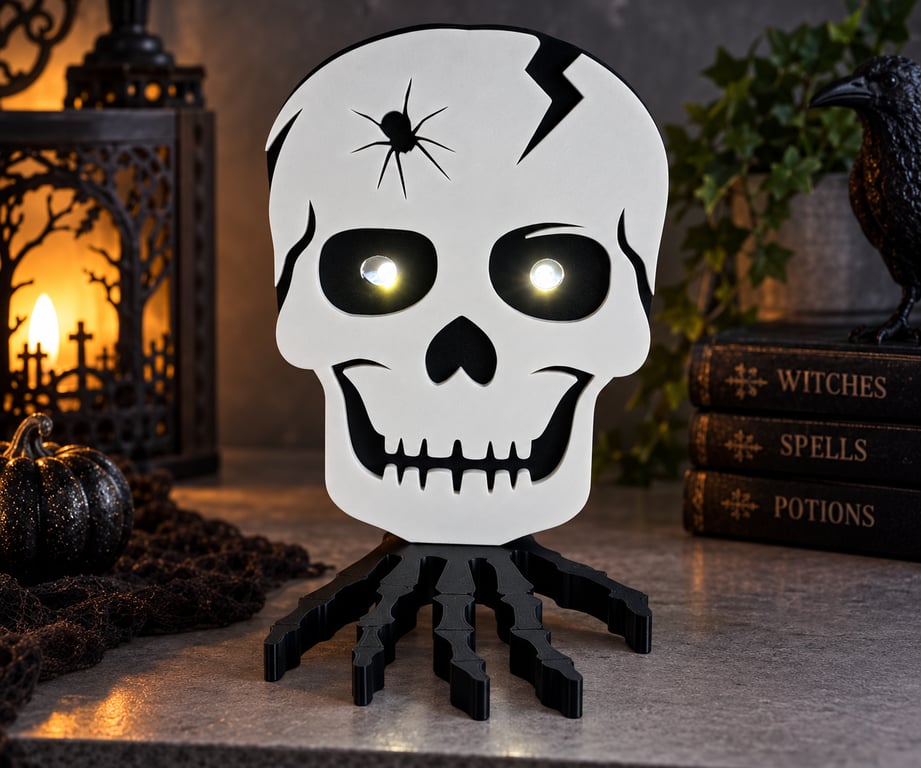 Skull on Skeletal Hand – 3D Printed Gothic Halloween Decoration