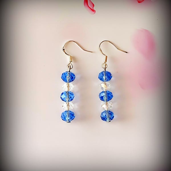 Blue & Clear Crystal Dangle Earrings on Sterling Silver Hooks, Gift Box