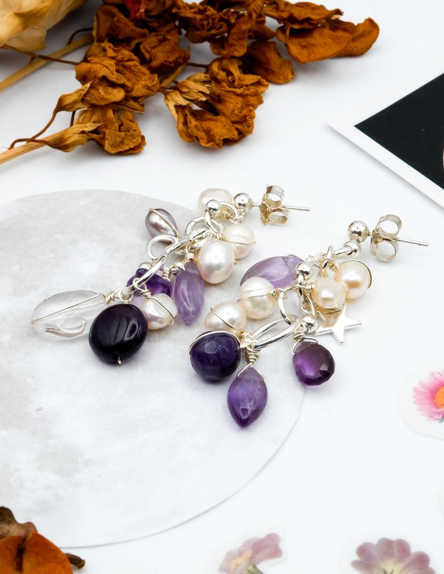 Sterling Silver Amethyst Gemstone Freshwater Pearl Gemstone Confetti Earrings 