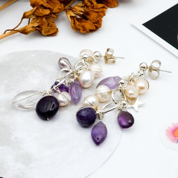 Sterling Silver Amethyst Gemstone Freshwater Pearl Gemstone Confetti Earrings 