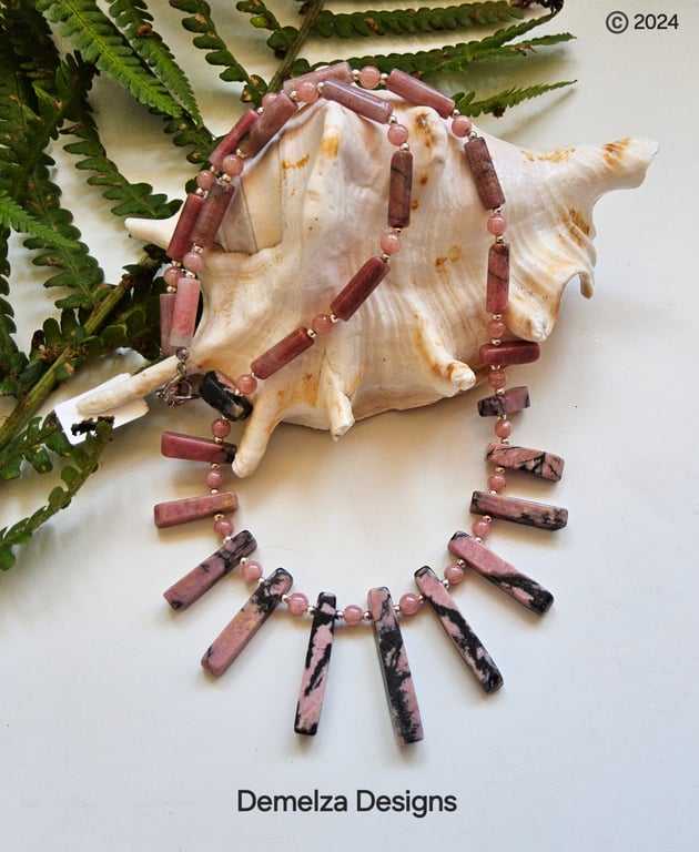 Designer Dainty Rhodachrosite & Rhodolite Sterling Silver Necklace