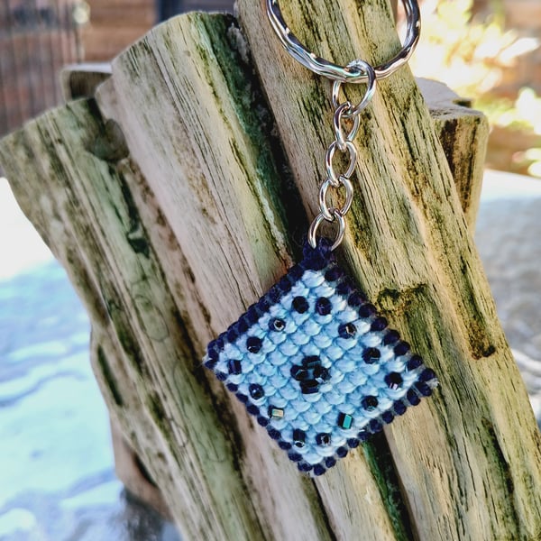 Key Ring, Embroidered with Beads on Plastic Canvas