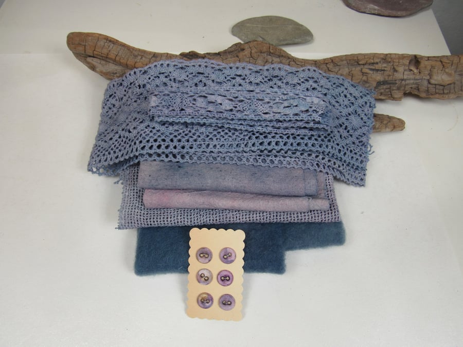 Pale Cochineal Indigo Purple Natural Dye Fabric Pack Cotton Silk Lace